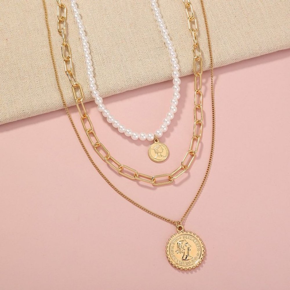 Multilayer Chain Necklace Pearl Pendant Necklace‎ Portrait Choker